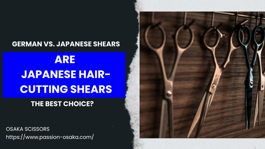 several hair-cutting shears hanging on rack with wooden background